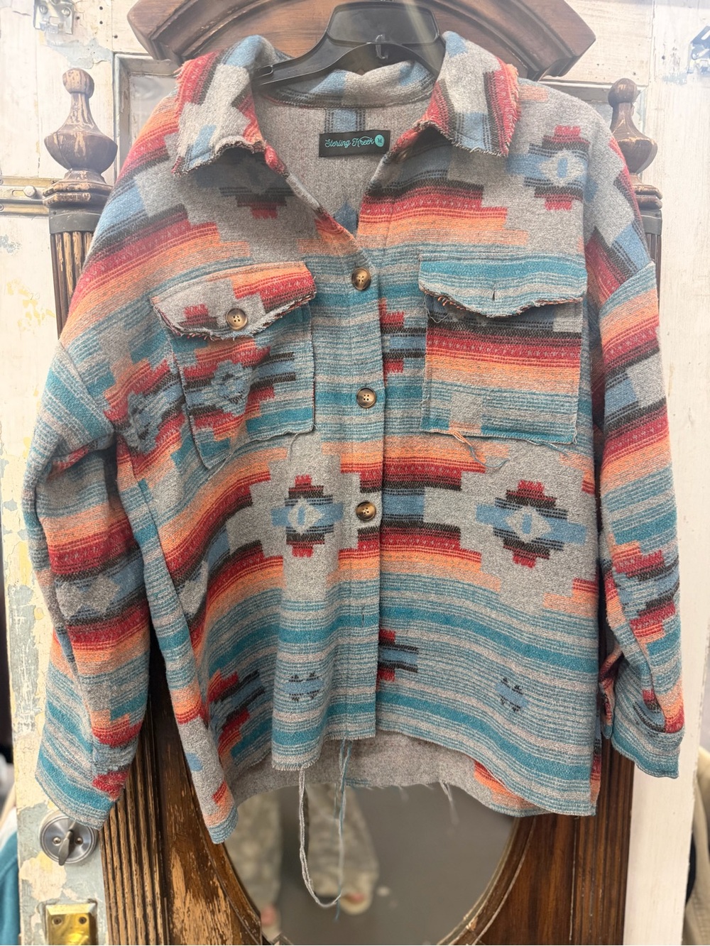 Sterling Kreek  Women's Aztec Button-Up Jacket in Teal & Coral